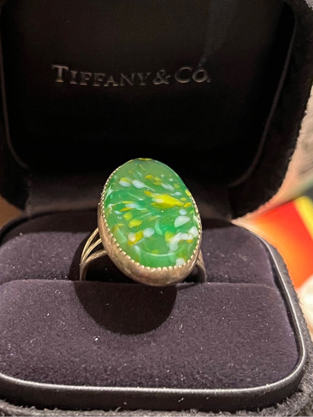 Vintage Navajo Sterling Silver Green, Yellow and White Oval Statement Ring